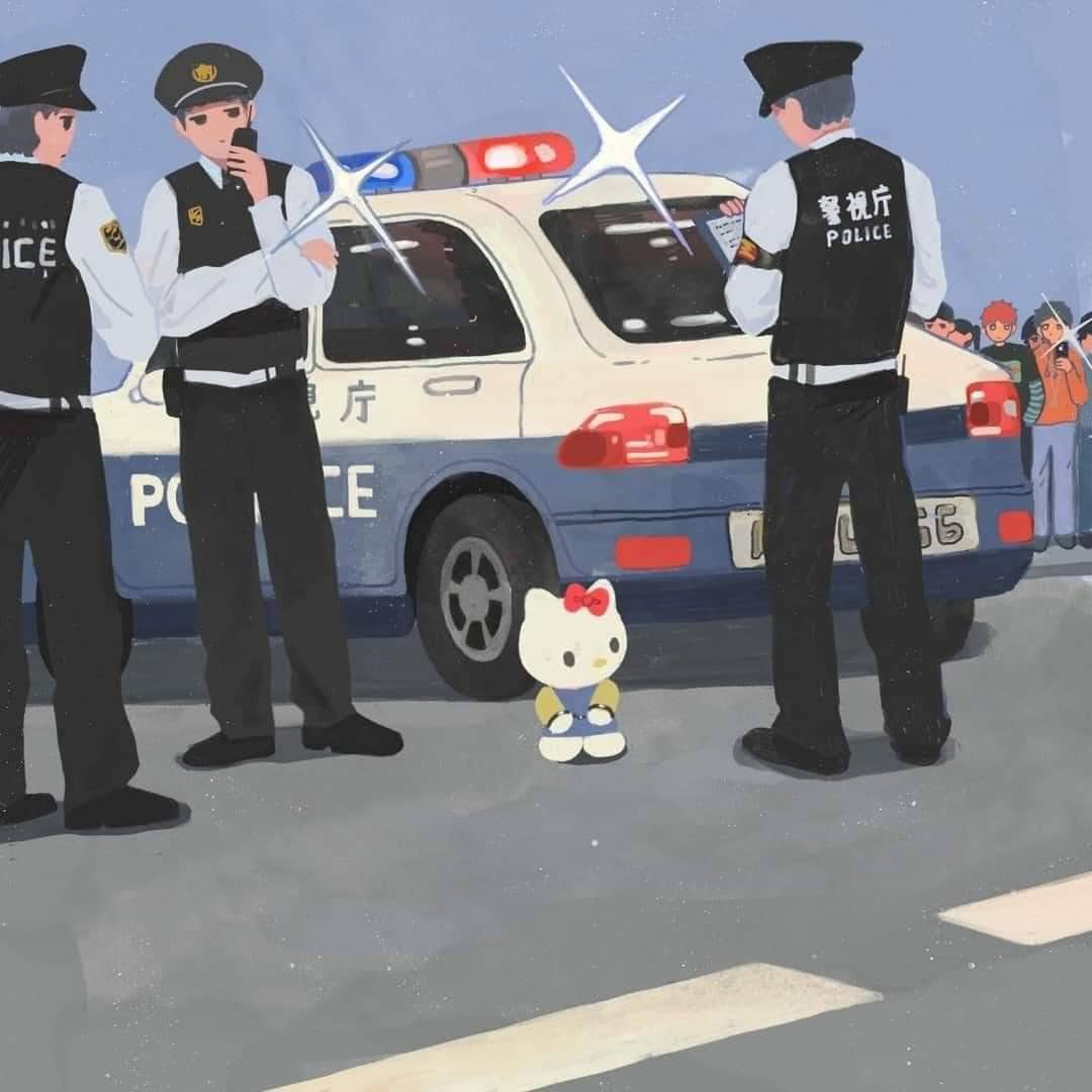 Illustration of Hello Kitty near a police car with police officers on a street
