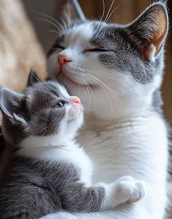 Two gray and white tabby kittens looking upward together