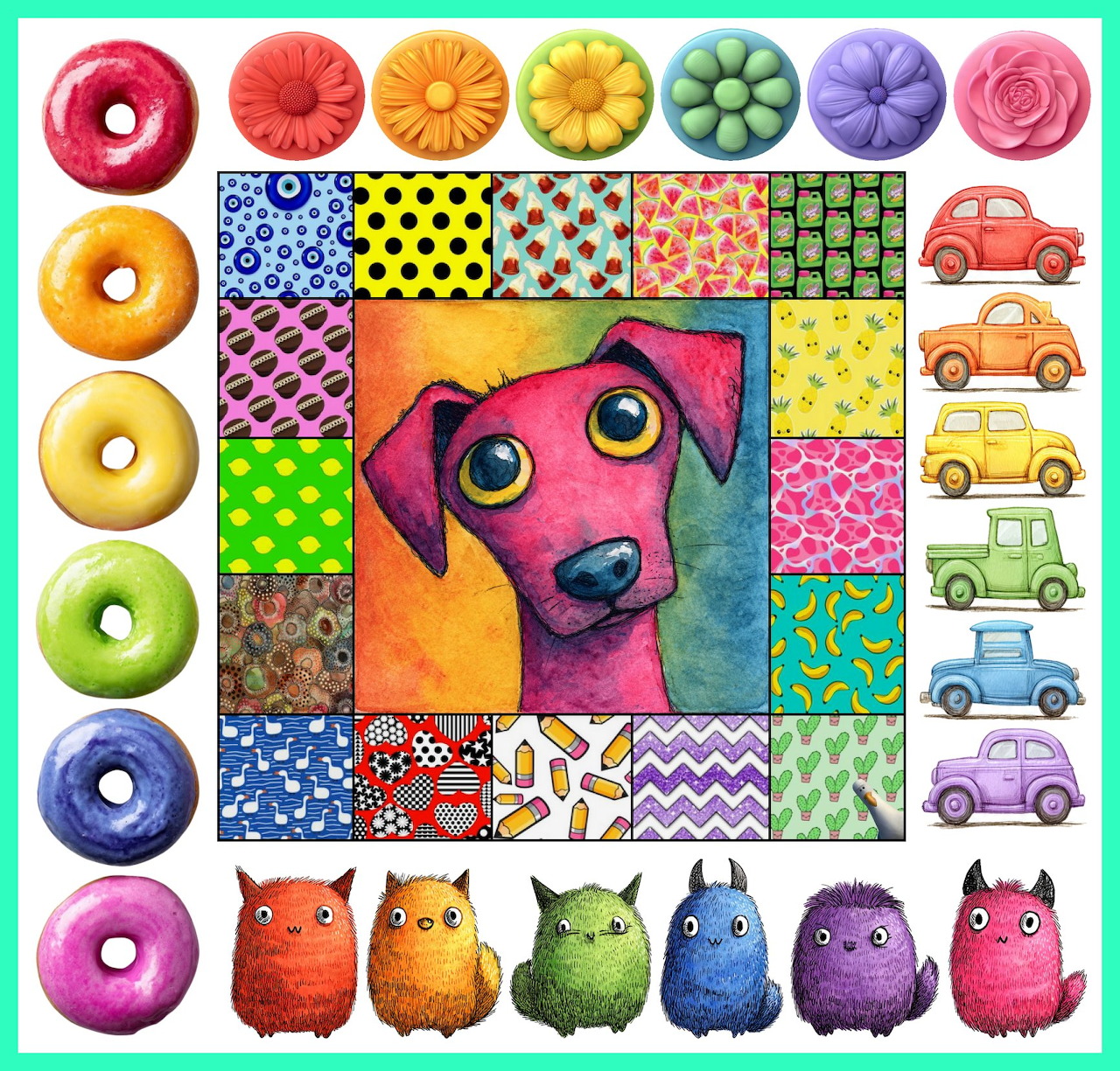 Colorful collage illustration with a pink dog in the center, surrounded by donuts, flowers, cars, owls, and patterns