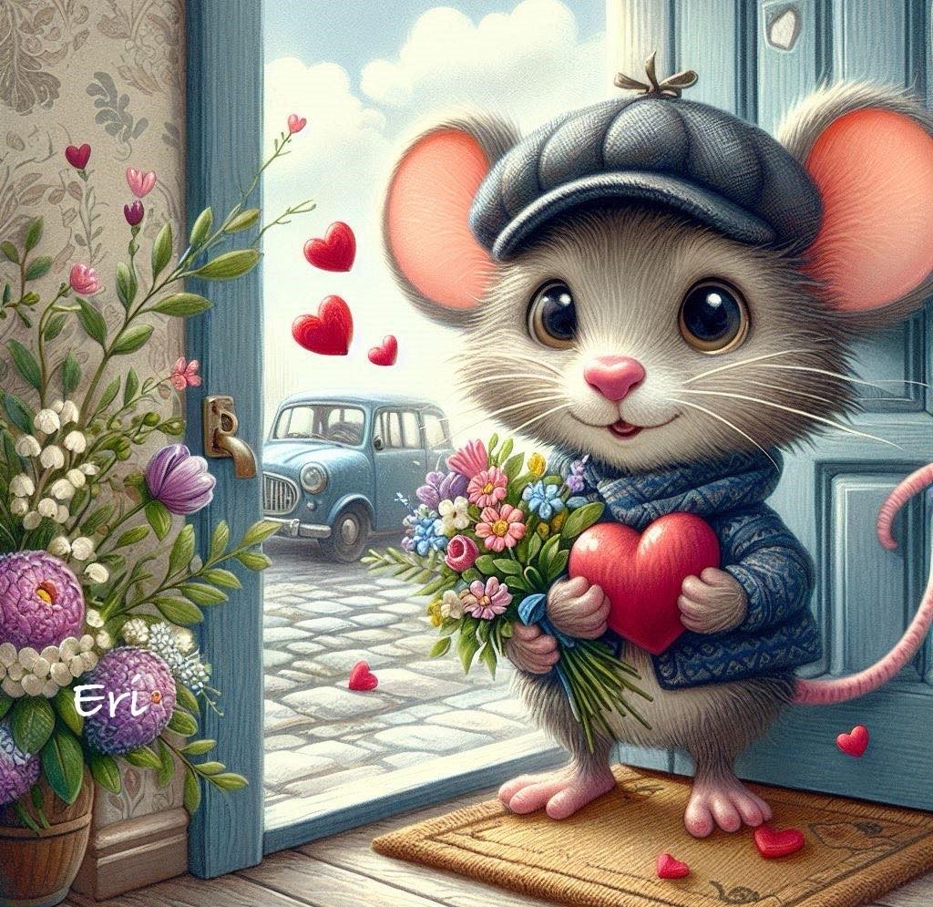 Illustrated mouse in a beret holding a red heart and flowers at a doorway