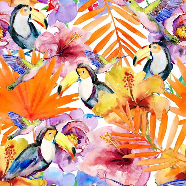 Watercolor toucans with tropical flowers and orange palm leaves on a white background