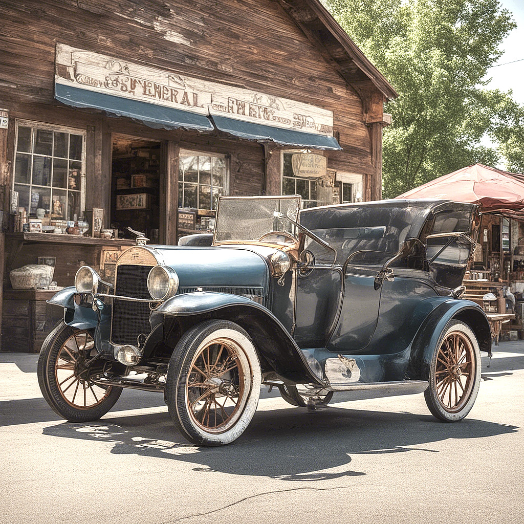 Vintage black antique car parked in front of an old general store