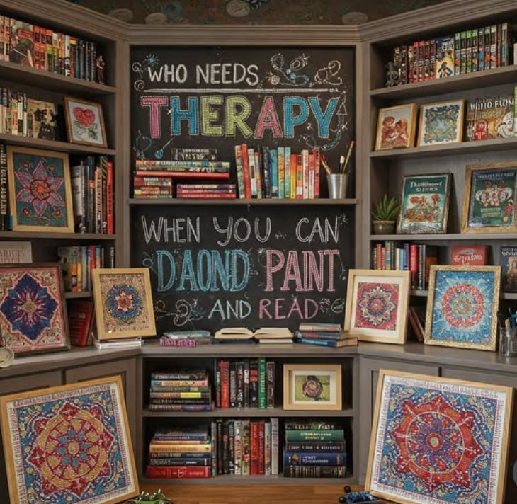 Corner bookshelves filled with books, framed art, and a chalkboard quote in the center