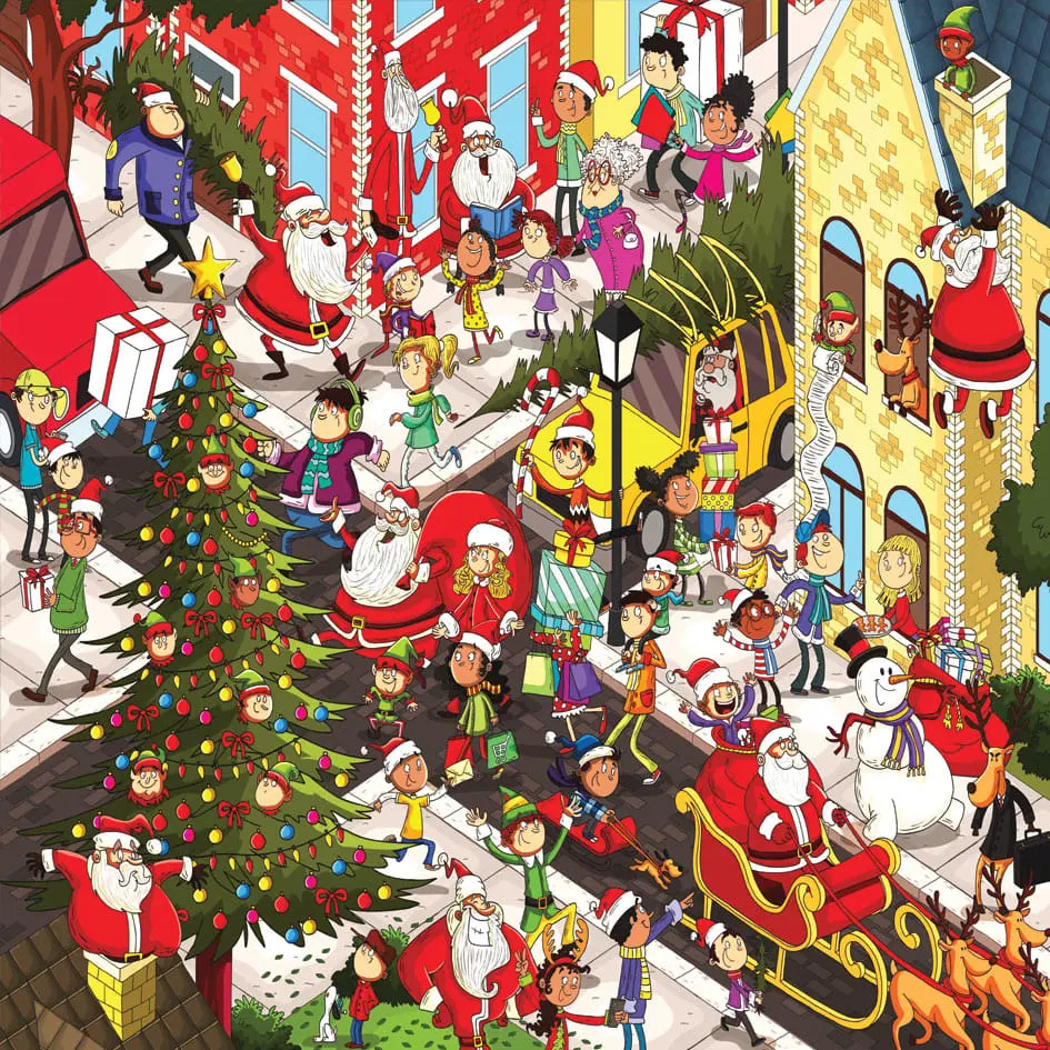 Colorful cartoon Christmas village with Santa, snowmen, elves, decorated trees and festive characters