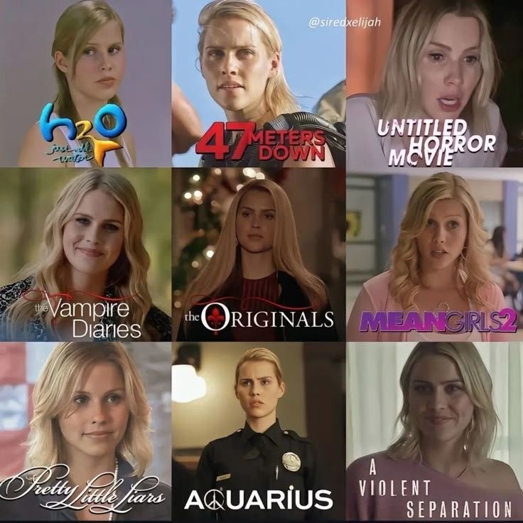 3x3 collage of blonde woman portraits with TV show and movie title text overlays