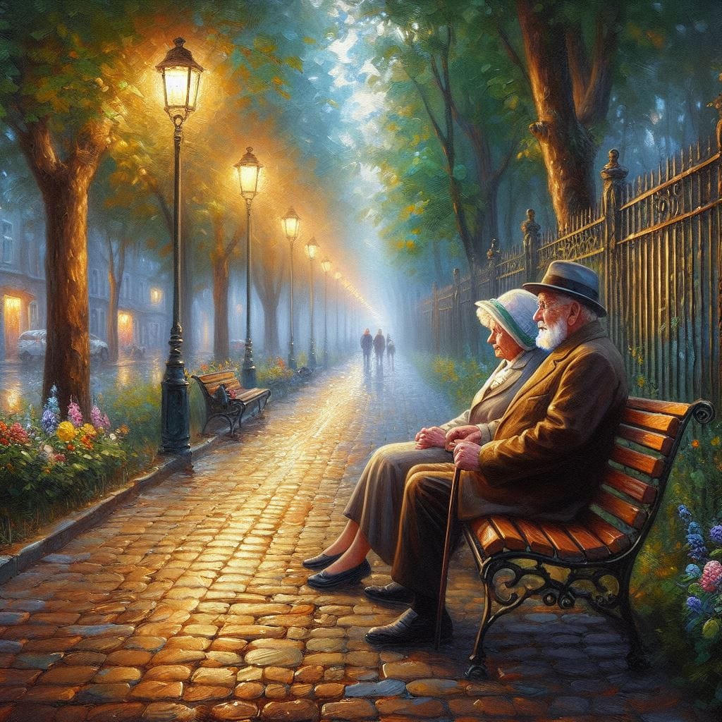 Painting of an elderly couple on a bench along a glowing lamplit park path at dusk