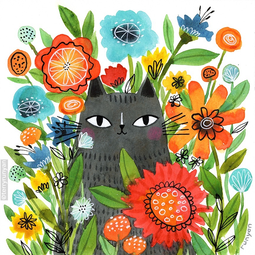 Gray cat sitting among colorful spring flowers in folk art style