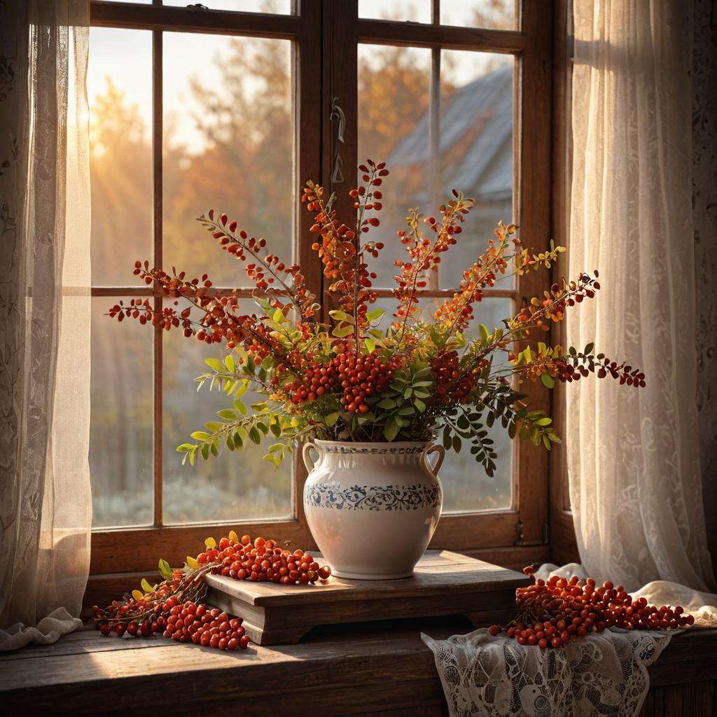 Vase of autumn berries on windowsill with curtains and natural light