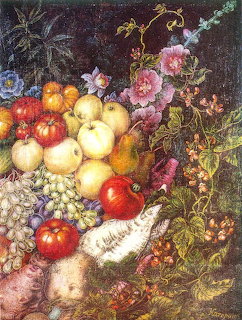 Classical still life painting of colorful fruits and flowers including aples, grapes, and hollyhocks