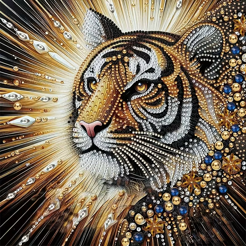 Mosaic tiger head with golden radiating beams and detailed dotwork pattern