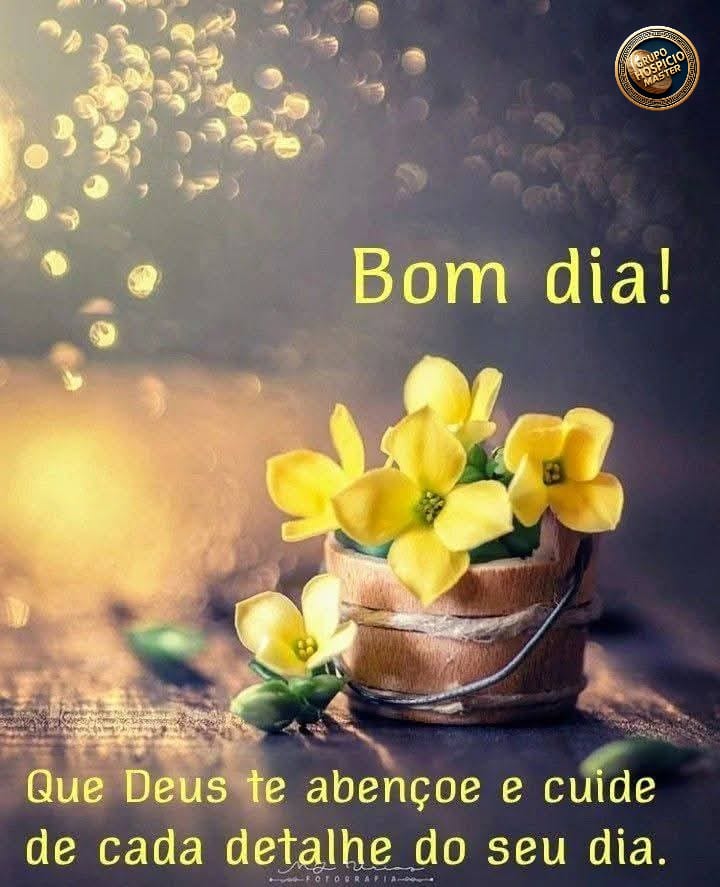 Yellow flowers in a wooden pot with 'Bom dia!' greeting and Portuguese blessing text