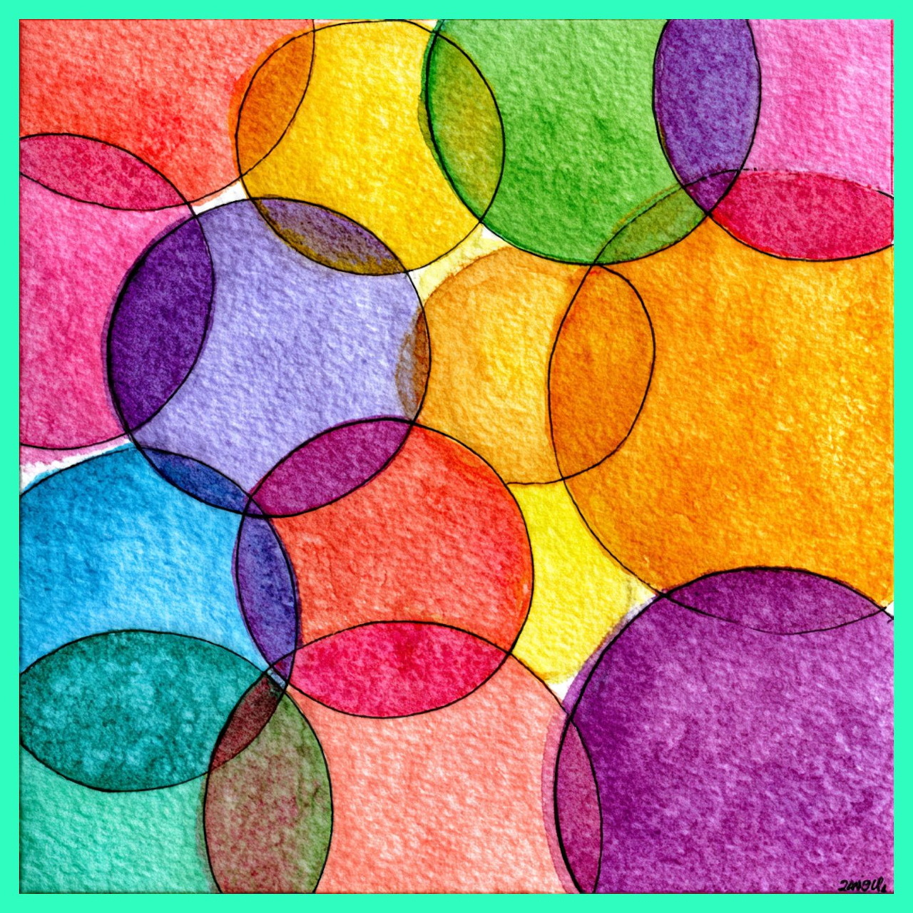 Abstract watercolor painting of overlapping translucent circles in bright rainbow colors