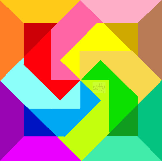 Abstract geometric pattern with overlapping colorful shapes in bright rainbow hues