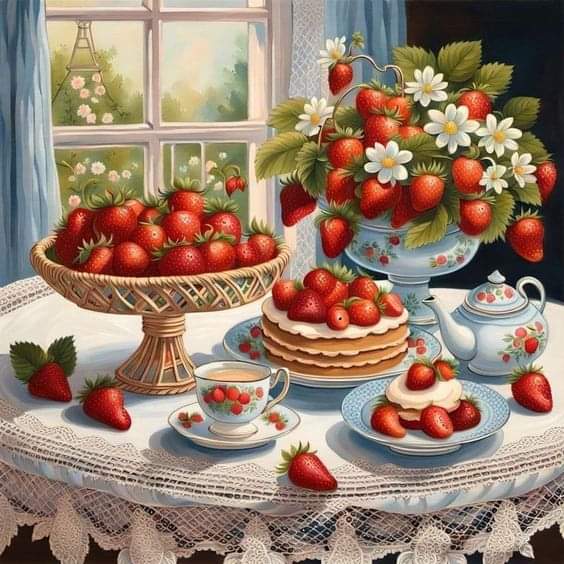 Painting of strawberries, layered cake, teacups, and flowers on a lace-covered table by a window