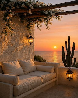 Stone terrace with beige sofa and lanterns overlooking ocean sunset with cactus