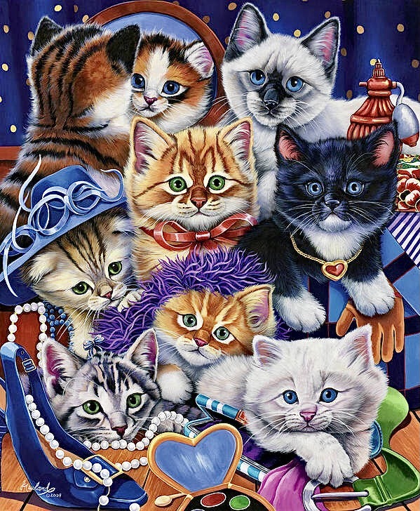Illustrated group of seven kittens wearing pearls, bows, and fancy accessories