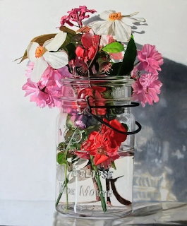 Painting of pink and white flowers in a clear glass jar on a light background