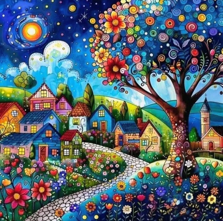 Whimsical colorful village with houses, gardens, decorative tree, and starry sky