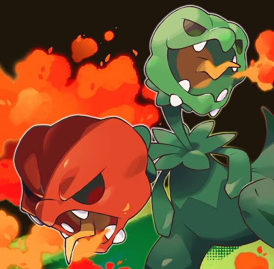 Scovillain Pokemon with red and green pepper heads on dark background with orange flames