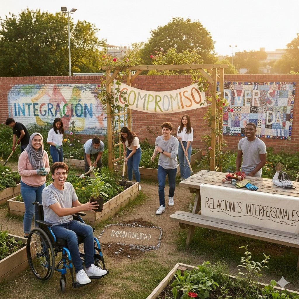 People gardening together in a community garden with colorful mural signs in the background
