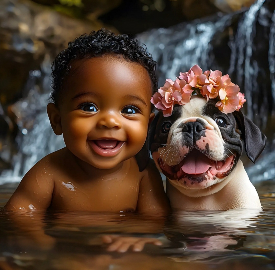 Smiling baby next to bulldog wearing pink flower crown in water near waterfall
