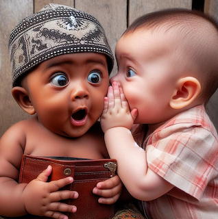 Two babies, one whispering a secret to the other who looks surprised with wide eyes