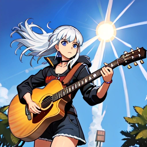 Anime girl with white hair playing an acoustic guitar under a bright sun in a blue sky