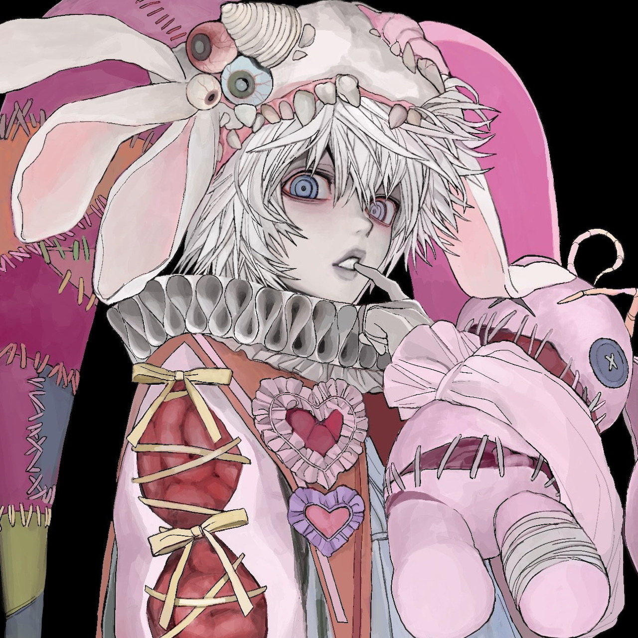 Anime character with white hair wearing ornate pink and white rabbit costume with heart decorations