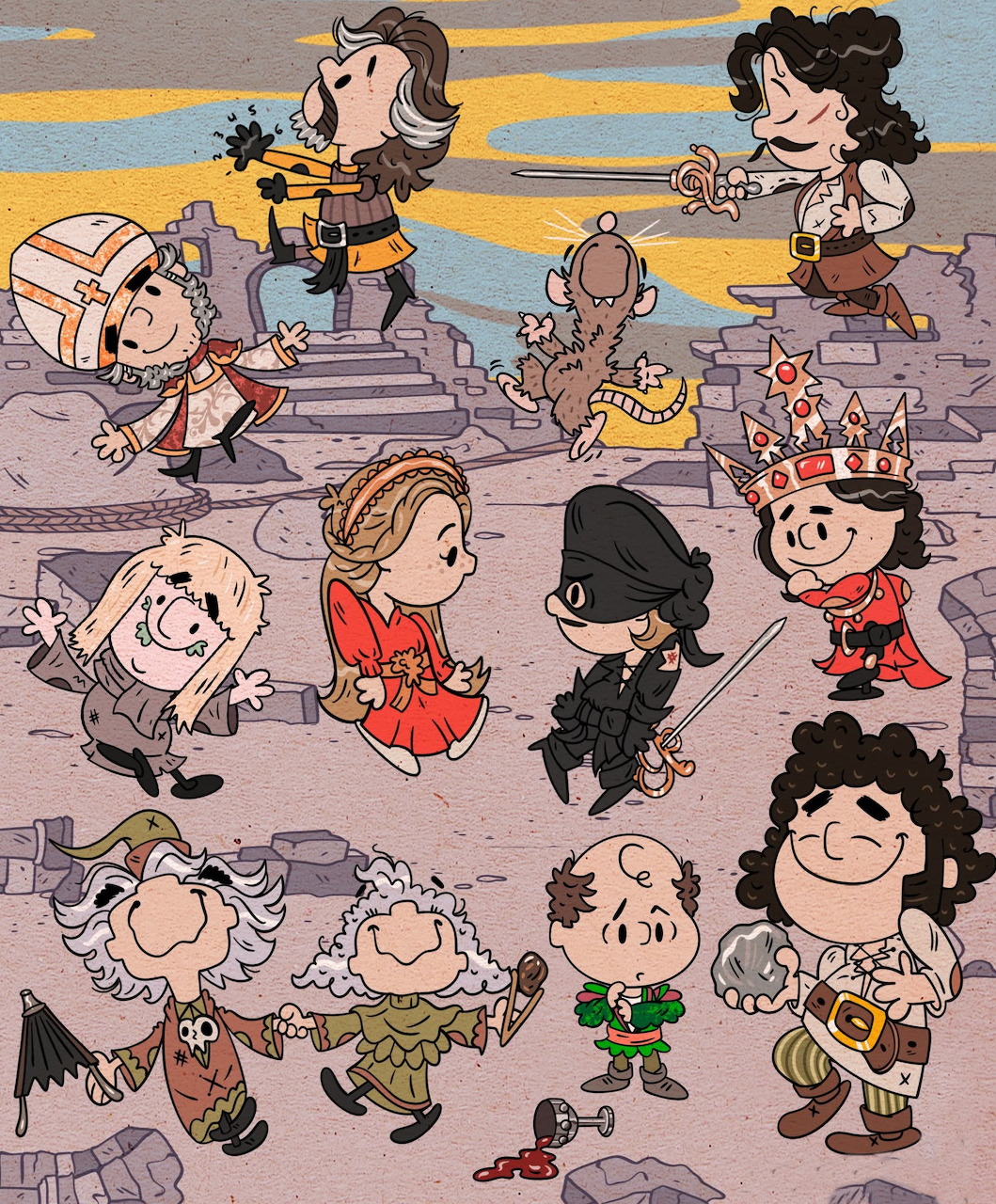 Cartoon characters from The Princess Bride movie in cute chibi art style on checkered floor