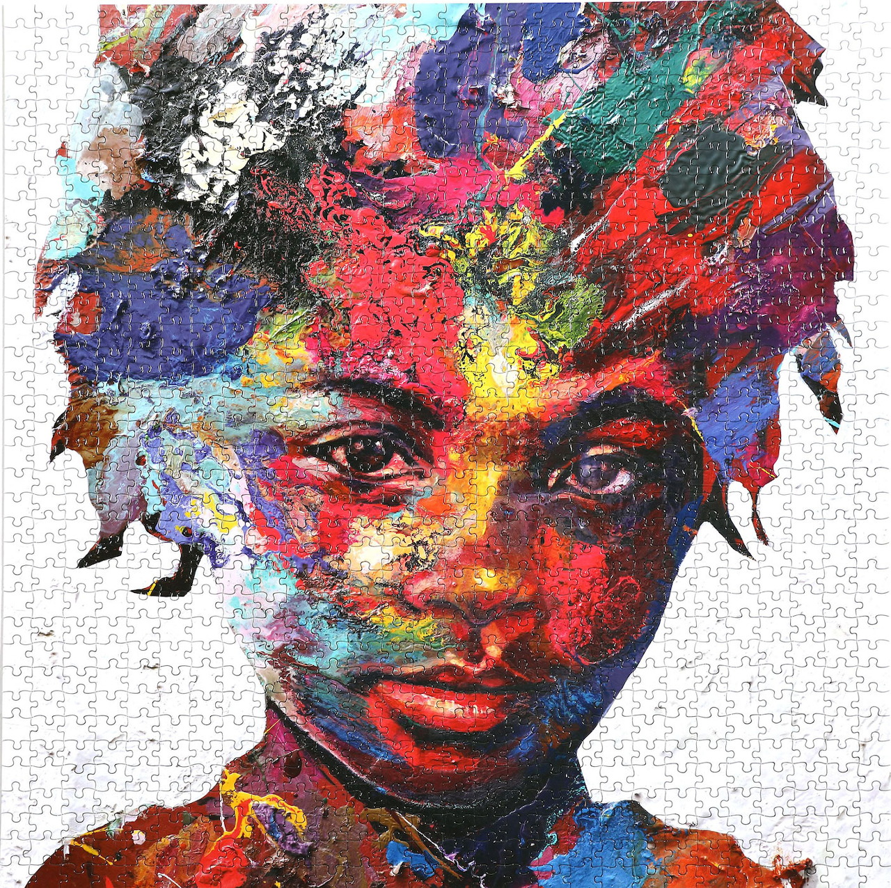 Colorful painted portrait of a woman with vibrant abstract brushstrokes on a white background