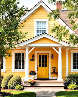 Yellow two-story house with white trim, covered porch, and green landscaping