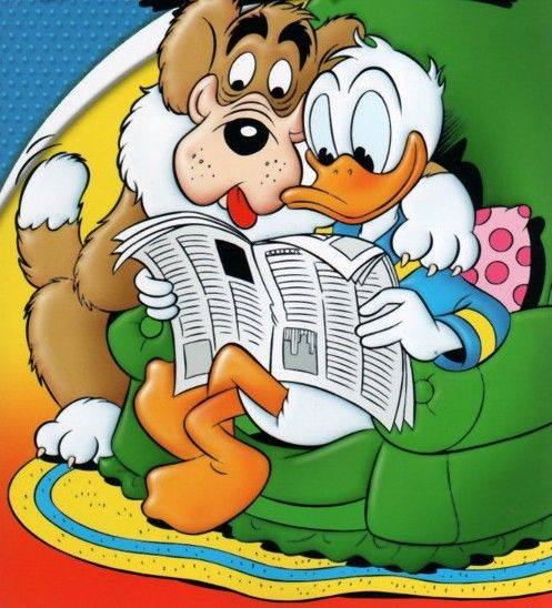 Donald Duck reads a newspaper in a green chair with a brown dog leaning over him