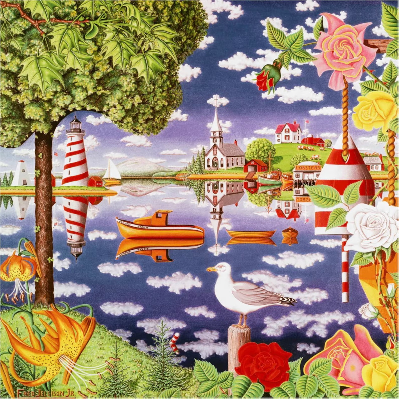 Whimsical collage with lake, lighthouse, sailboats, flowers and trees in square frame