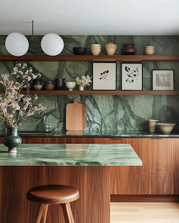 Boho kitchen with green marble surfaces, walnut shelves, pottery, framed art and a vase of flowering branches