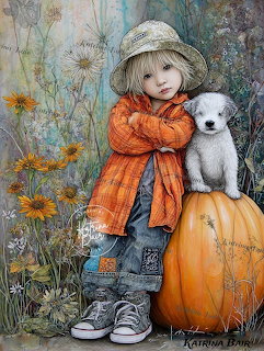 Girl with Puppy and Pumpkin