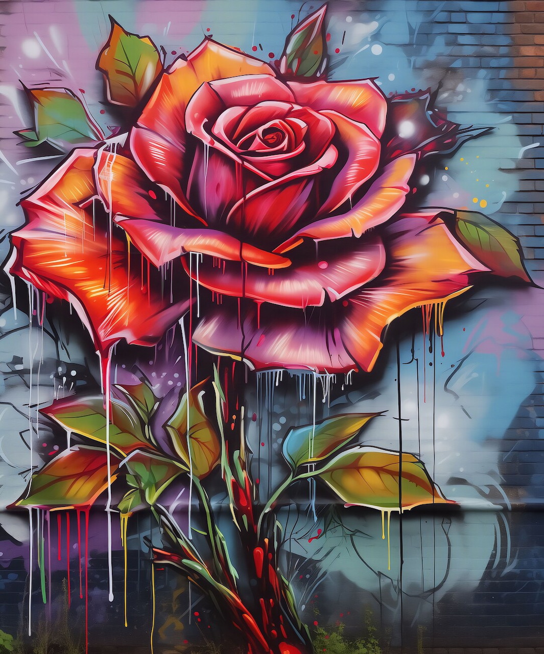 Colorful graffiti-style rose with dripping paint on wooden fence