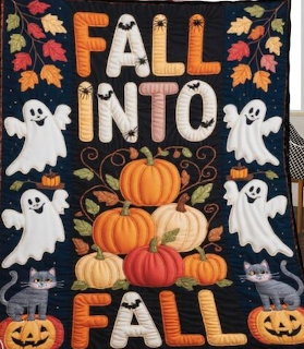 Halloween-themed patchwork quilt with autumn colors and seasonal motifs