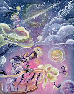 Purple unicorn pony and small dragon in swirling cosmic fantasy scene with planets and magical clouds