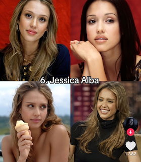 Collage of four photos of Jessica Alba with different hairstyles and expressions