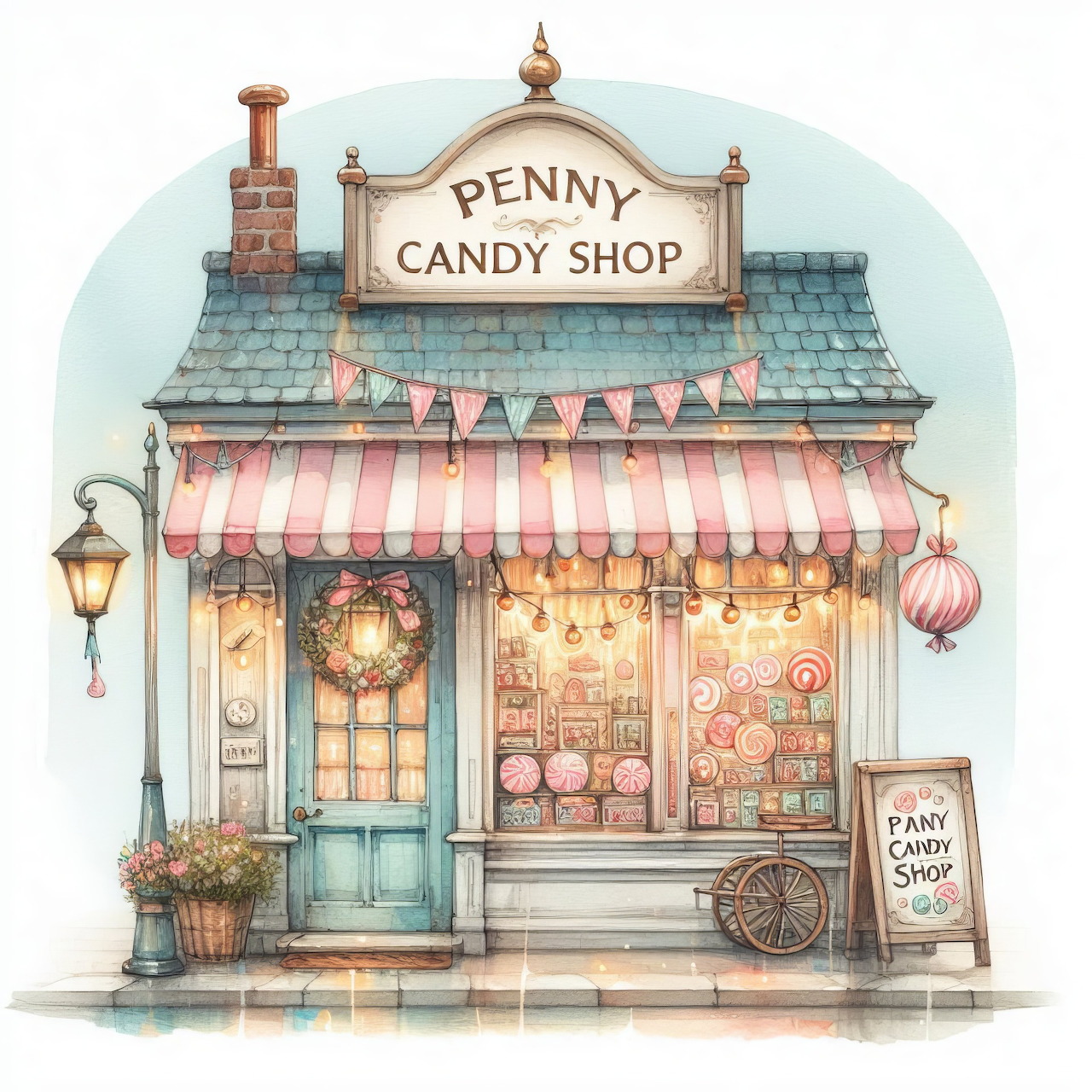 Illustrated vintage penny candy shop storefront with striped awning, bunting, window sweets, and sidewalk sign
