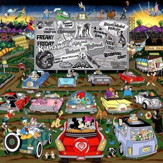 Colorful cartoon drive-in theater with vintage cars, characters, and movie screen at night