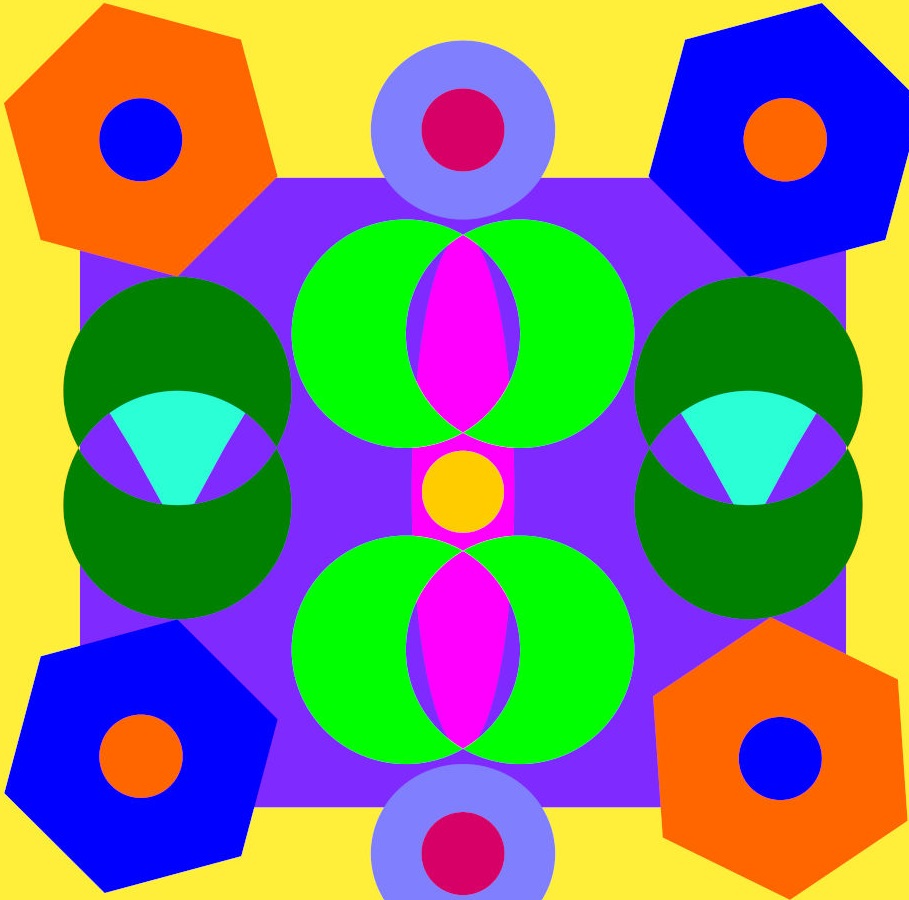 Symmetrical geometric pattern with colorful hexagons, circles, and diamond shapes on bright background
