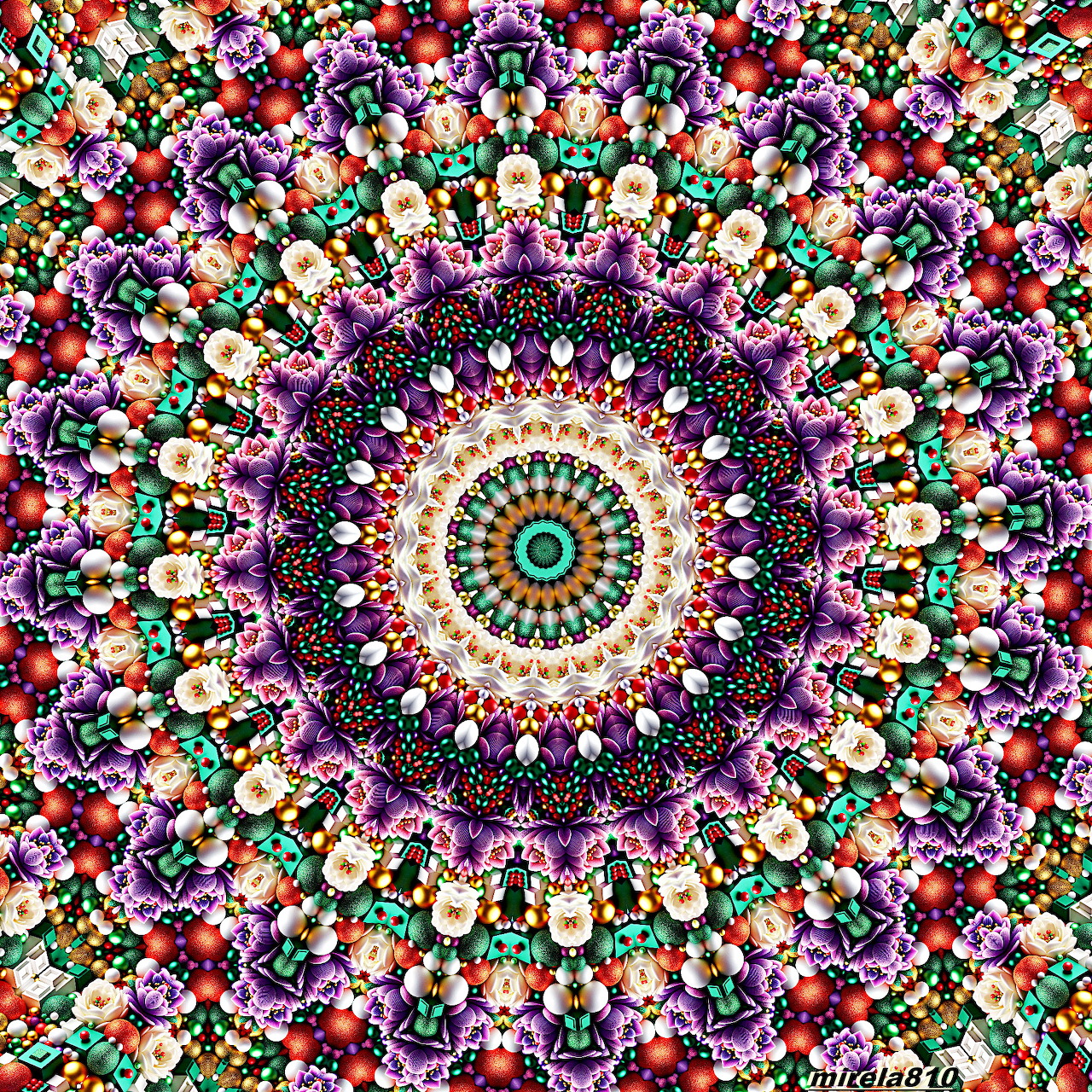 Intricate floral mandala with purple, teal, pink, and white radial patterns