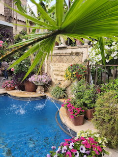 Blue garden pool surrounded by poted flowers, palm fronds, and a stone fountain
