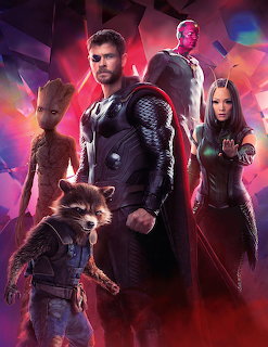 Marvel Avengers team portrait with Thor in foreground, colorful cosmic energy background
