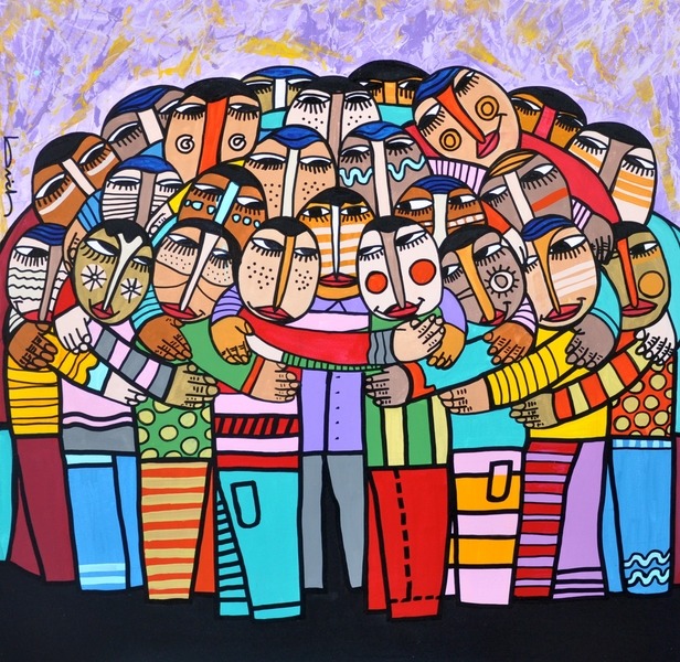 Colorful illustration of a crowded group of stylized people with geometric patterns and bold colors