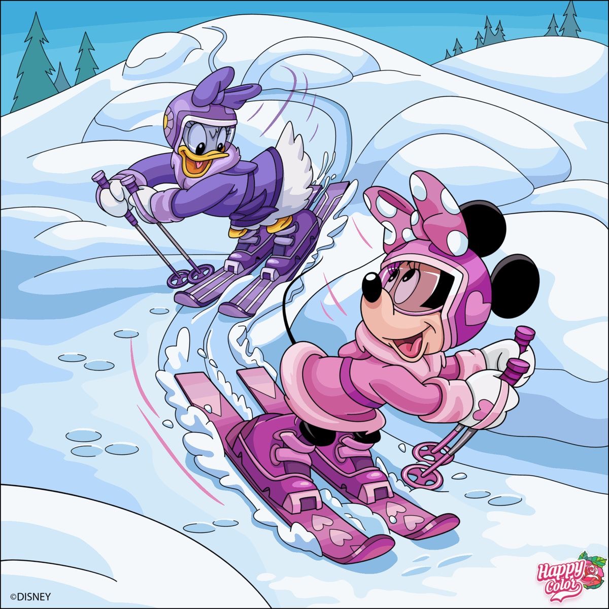 Minnie Mouse and Daisy Duck skiing downhill on a snowy mountain with evergreen trees
