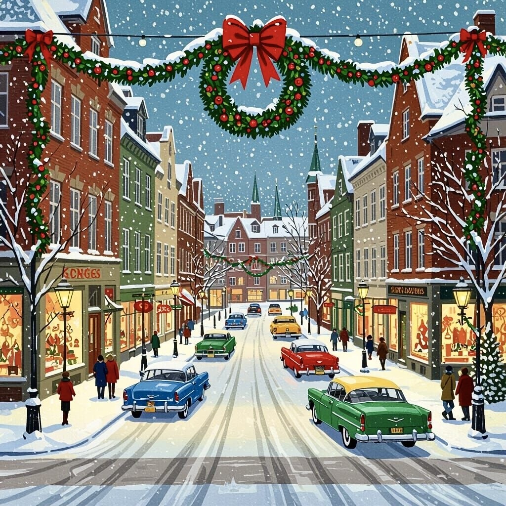 Vintage Christmas city street with snow, festive decorations, classic cars, and holiday shoppers