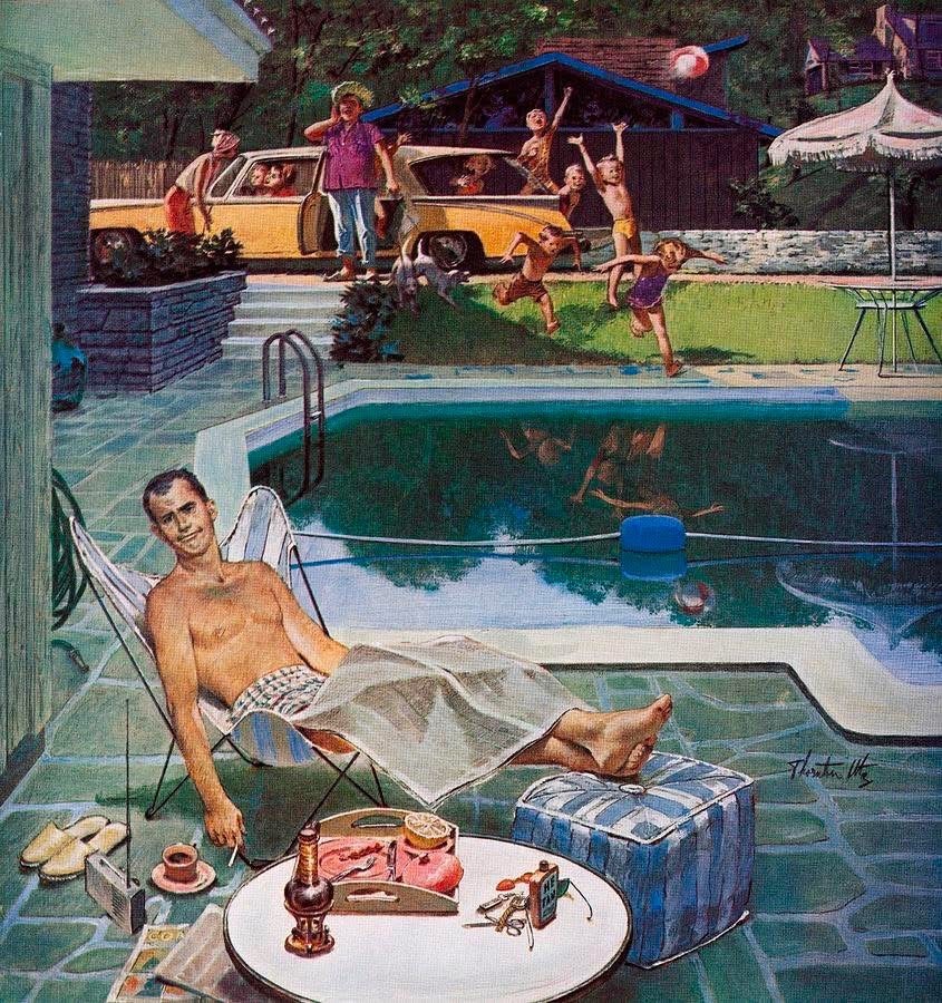 Vintage illustration of a man relaxing by a pool with people playing nearby