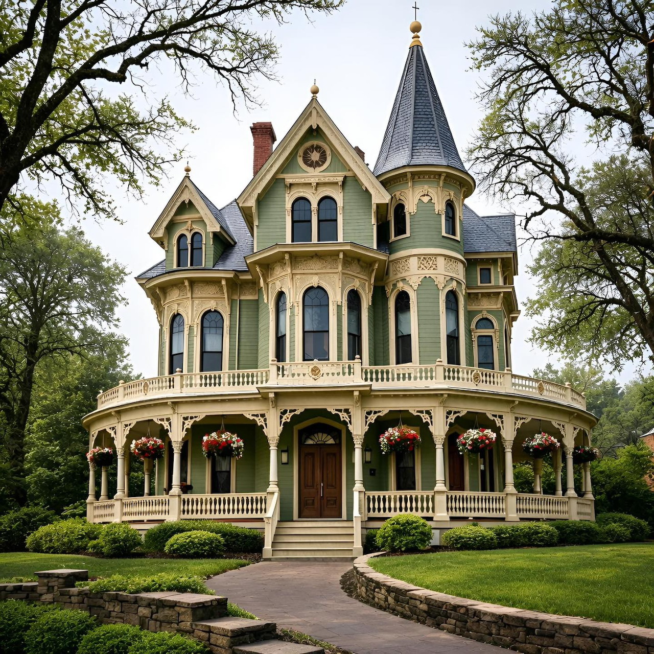 Grand Victorian mansion with yellow facade, conical tower, wraparound porches, and manicured front lawn
